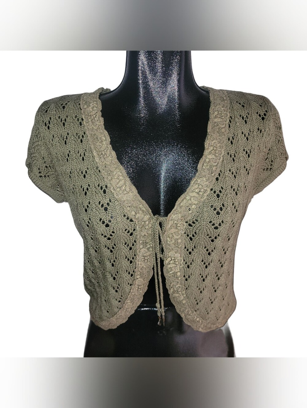 Vintage 90's Taupe-Olive Open Knit Tie-Front Short Sleeve Bolero Top Size M
